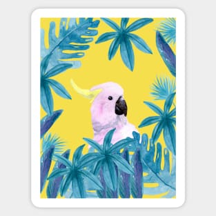 Cockatoo with tropical leaves in watercolor and a yellow background Sticker